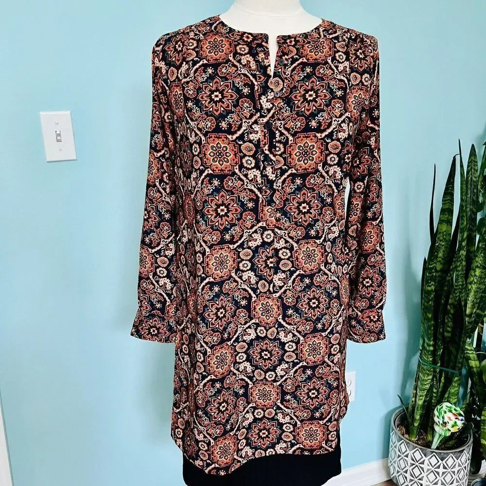 LOFT XSP Multi Floral Retro Pattern Long Tab Sleeve Tunic Midi Shift Dress 0780